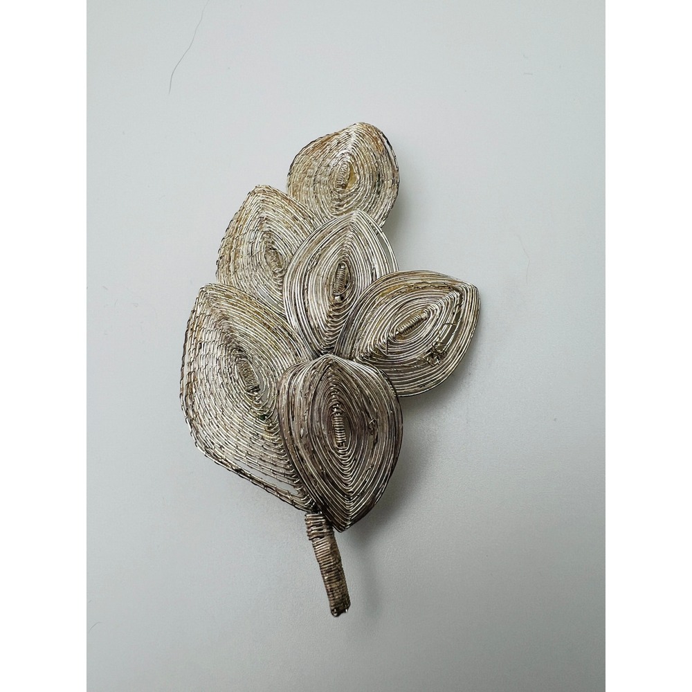 Vintage Coiled Wire Leaf Brooch Pin Handmade Filigree Silver Tone